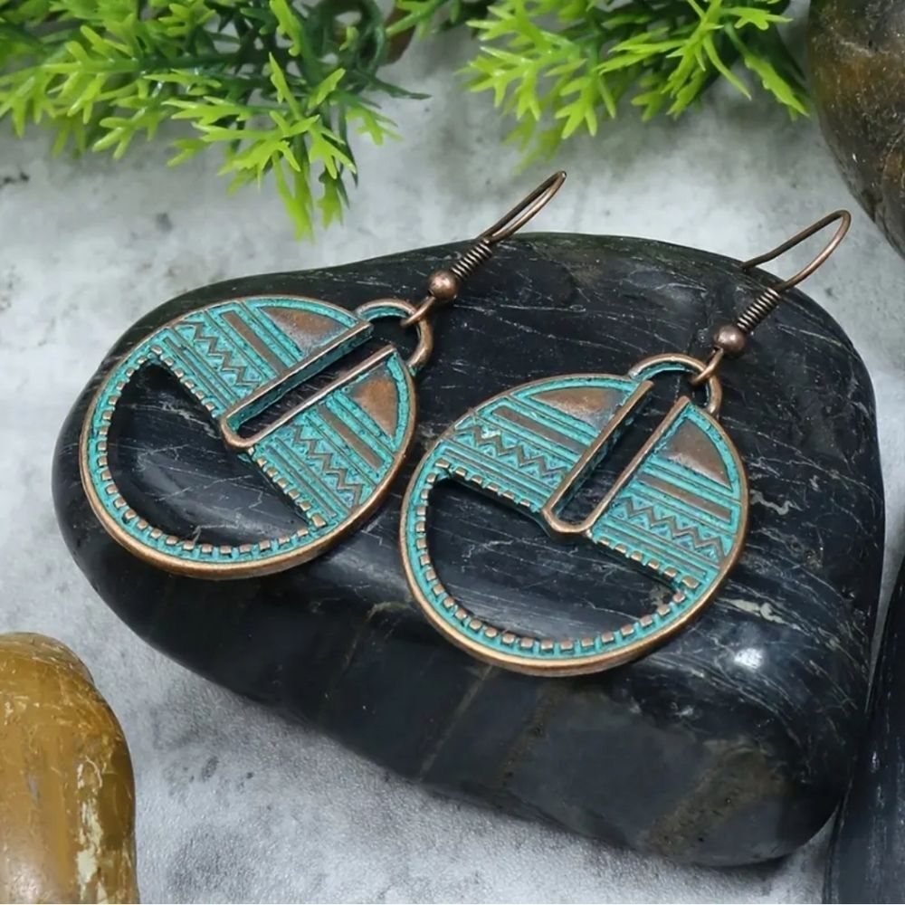 Bronze turquoise tribal engraved earrings